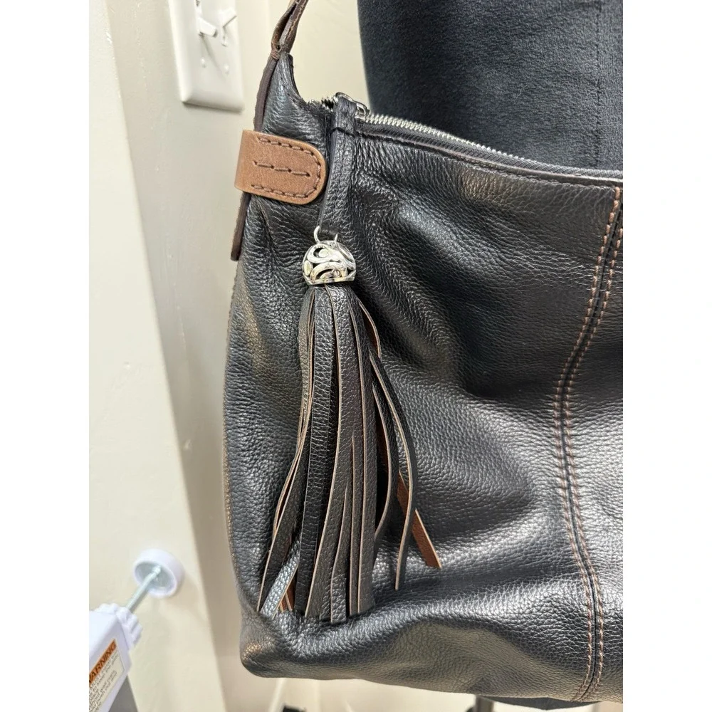 Brighton Barbados Black Leather Hobo Shoulder Bag Braided Strap Tassel Charm
